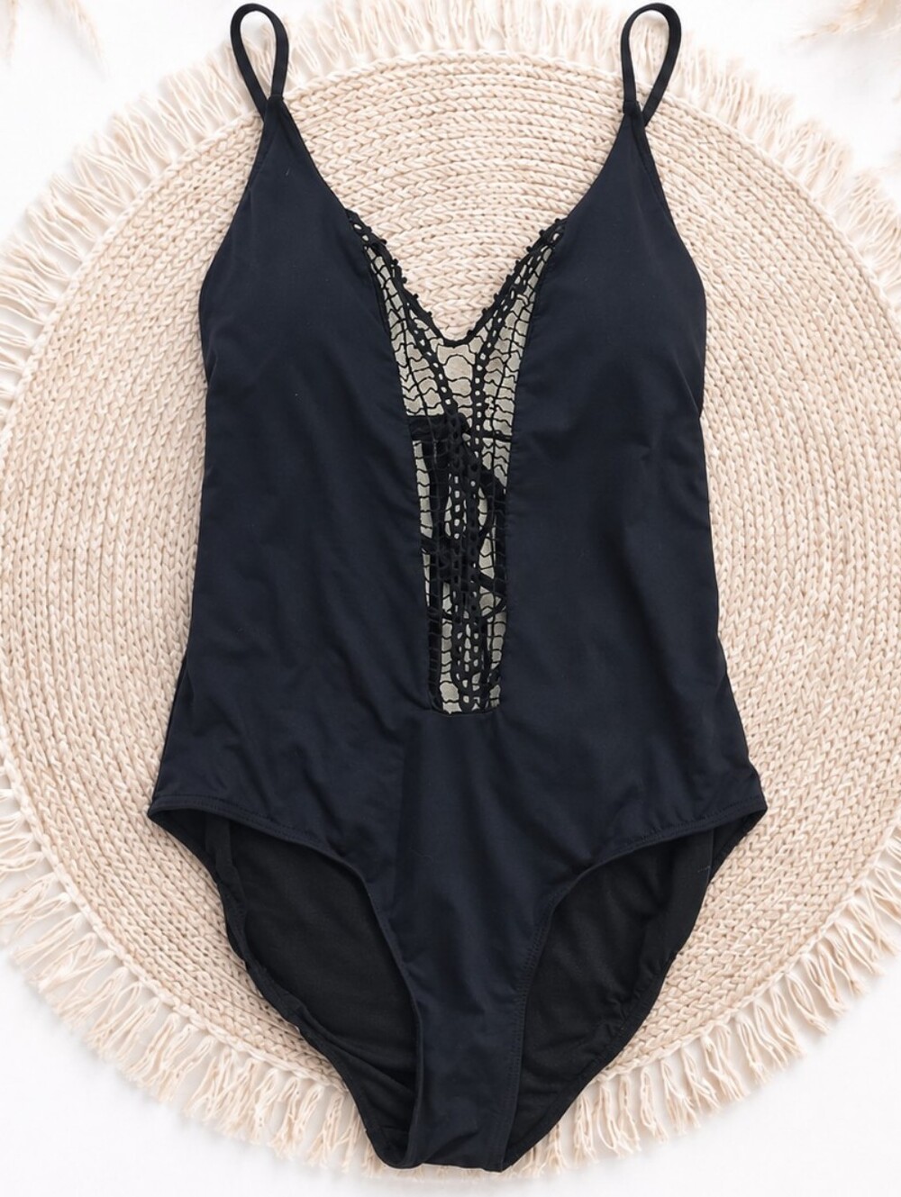 Envya Black One-Piece Swimsuit with Crochet Front Size L